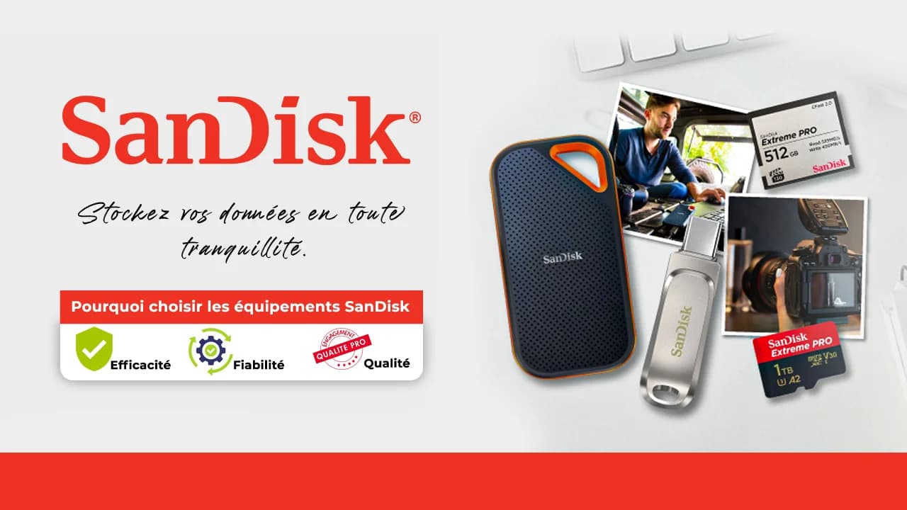 SanDisk — SSD, clés USB, cartes mémoire pro pour stocker vos données